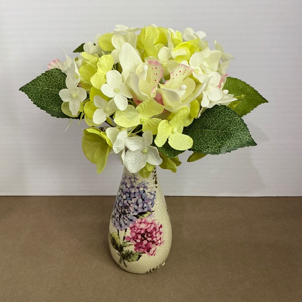 Vtg Style Crackle Glaze Hydrangea Ceramic Vase with Artificial Flowers 10.5in